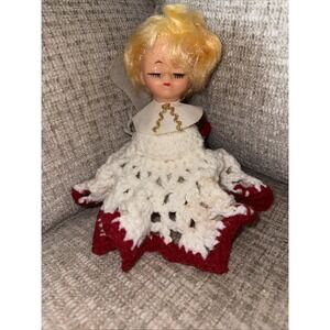 Vintage Handmade Crochet Christmas Angel Tree Topper Retro MCM‎ 7"